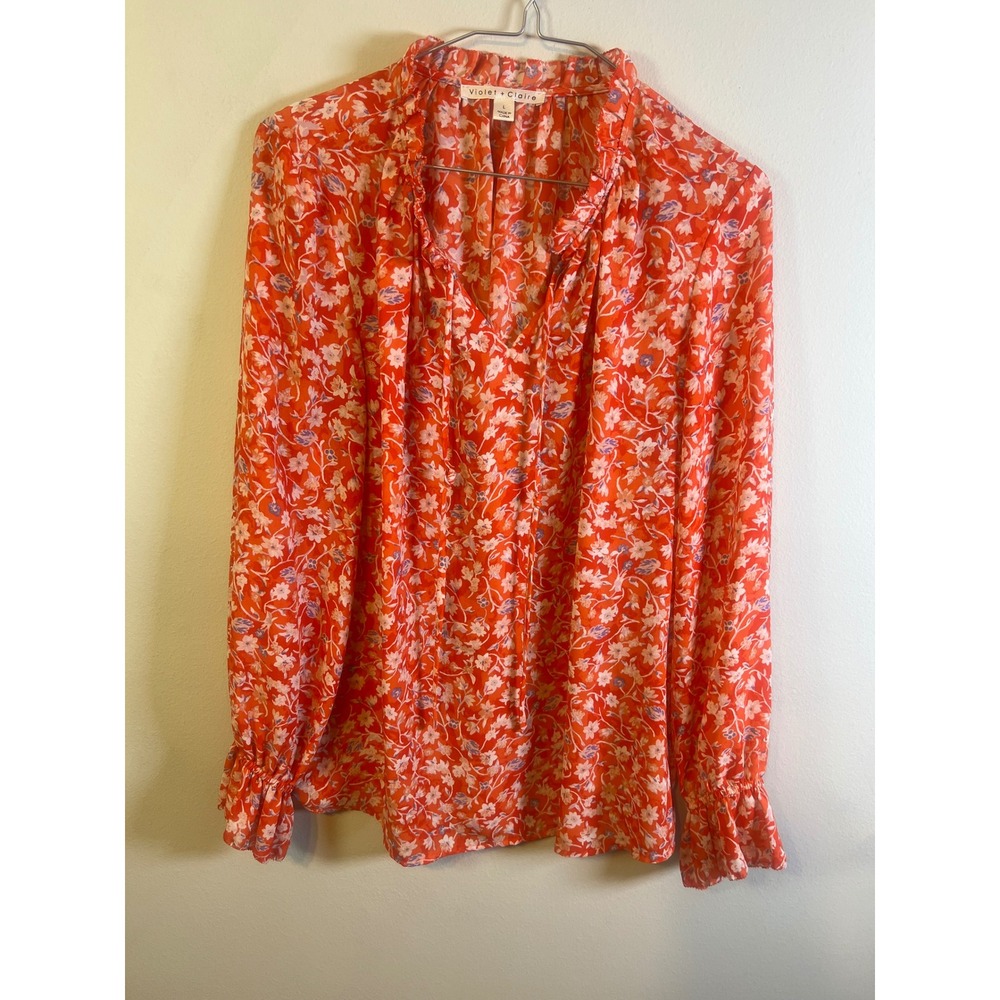 Violet + Claire Womens Blouse Ruffle Tie Neck Orange Floral Large